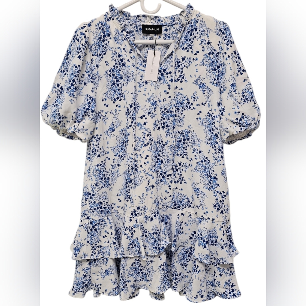 Sugarlips White and Blue Floral Ruffle Dress